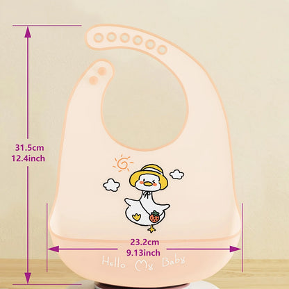 Waterproof Silicone Baby Bibs with Cute Cartoon Animal Prints, Adjustable Feeding Bib for Boys and Girls