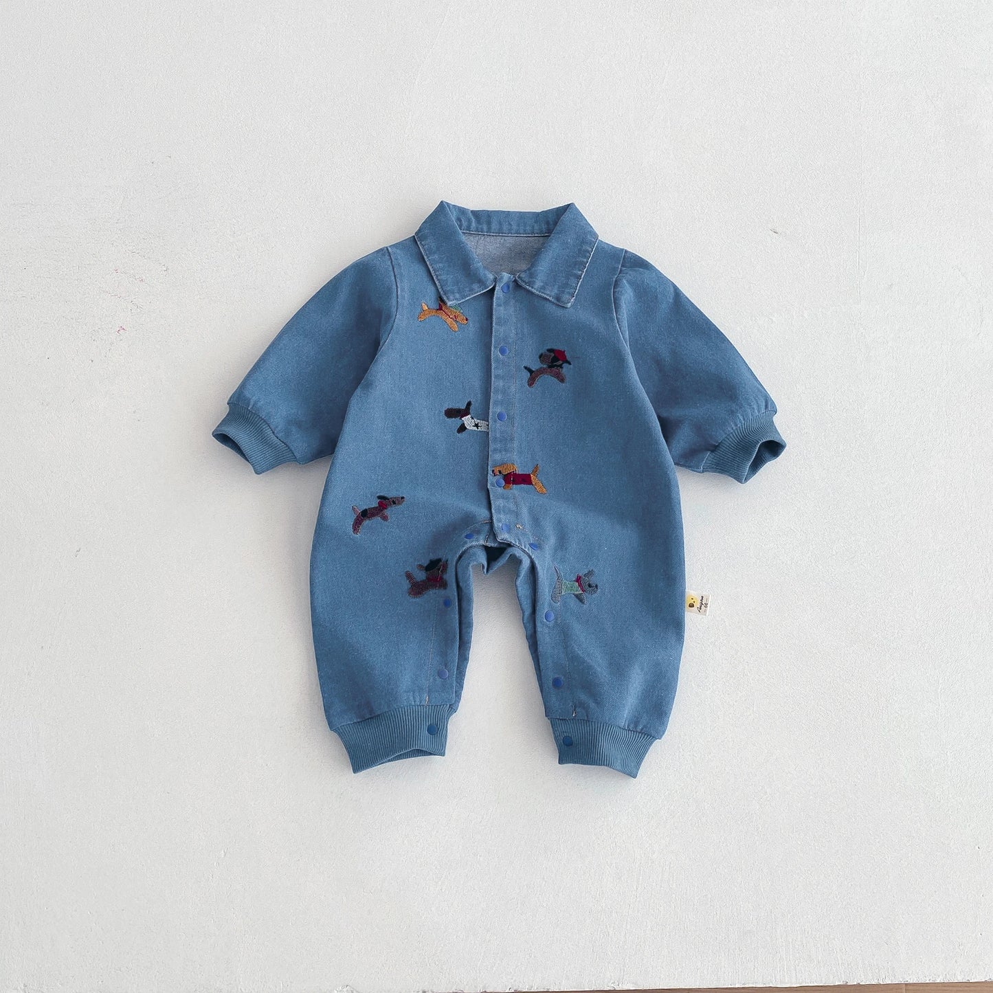 one-piece suit, denim autumn wear, embroidered outdoor crawling clothes for boys