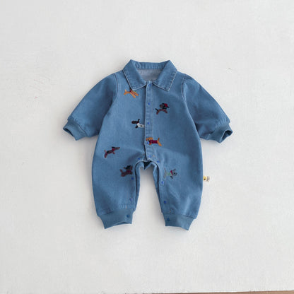 one-piece suit, denim autumn wear, embroidered outdoor crawling clothes for boys