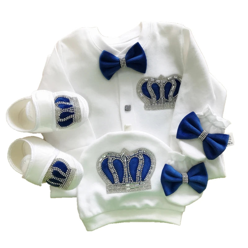 Dollbling Emerald Newborn Baby Boy Personalized Name Outfits 4pcs Welcome Home Hospital Crown Jewelry Romper Set