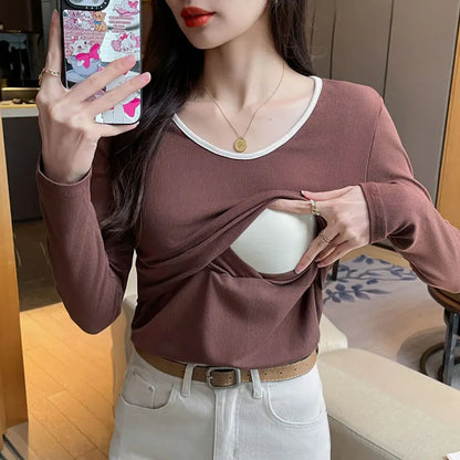 Autumn Postpartum Woman Breastfeeding Cotton T-shirt Lace Two-piece Nursing Tees Maternity