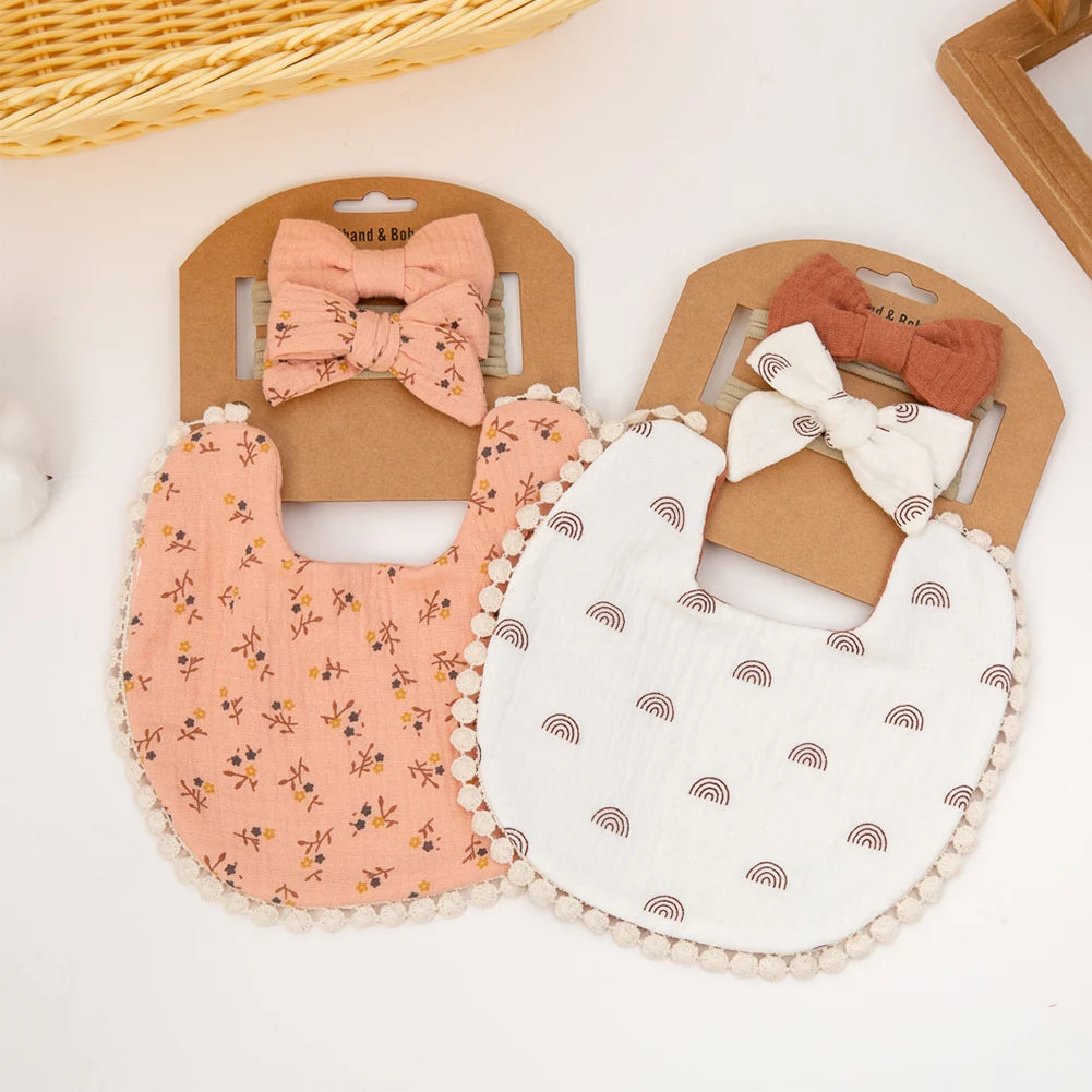 3-Piece Baby Bib & Headband Set, Double-Sided Feeding and Burp Cloth with Soft Nylon Bow Headbands