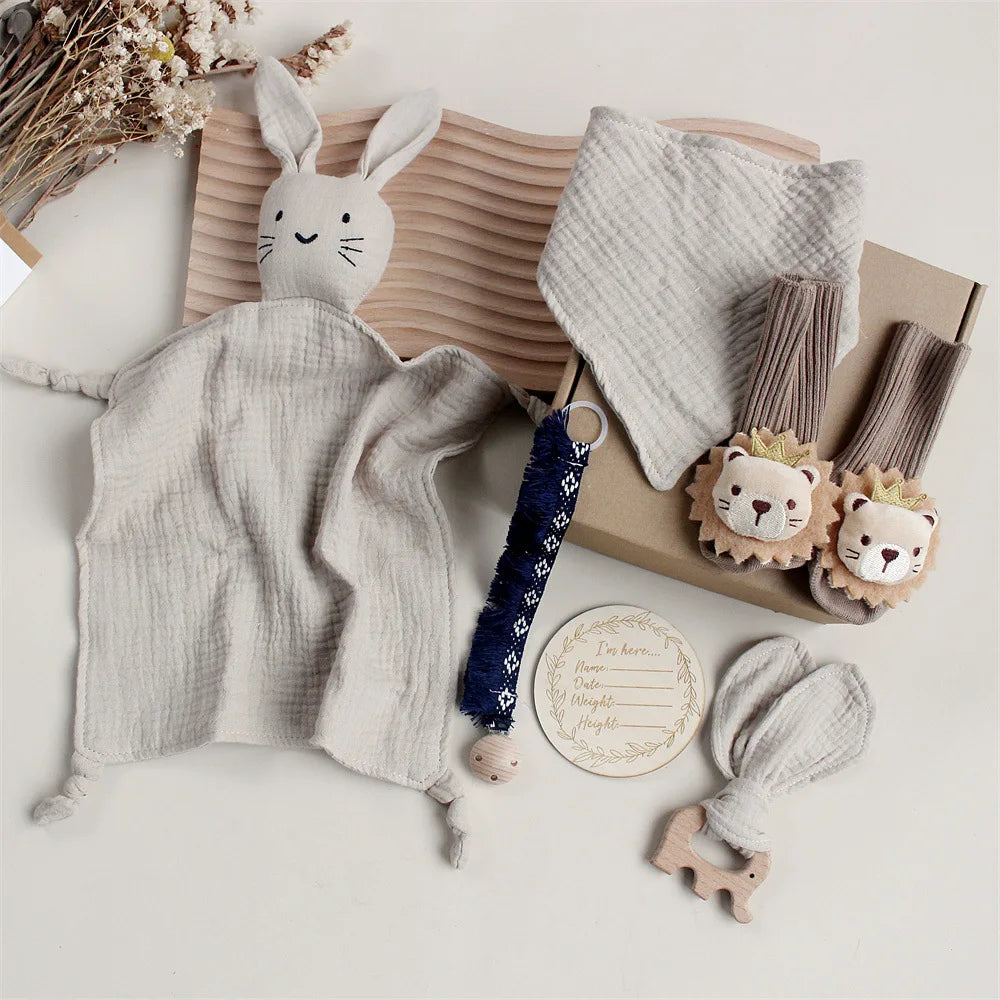Customize The Name Newborn Gift Baby Cartoon Comfort Towel Baby Socks Mouthwash Towel Wash Box Newborn Bite Ring Headband Set