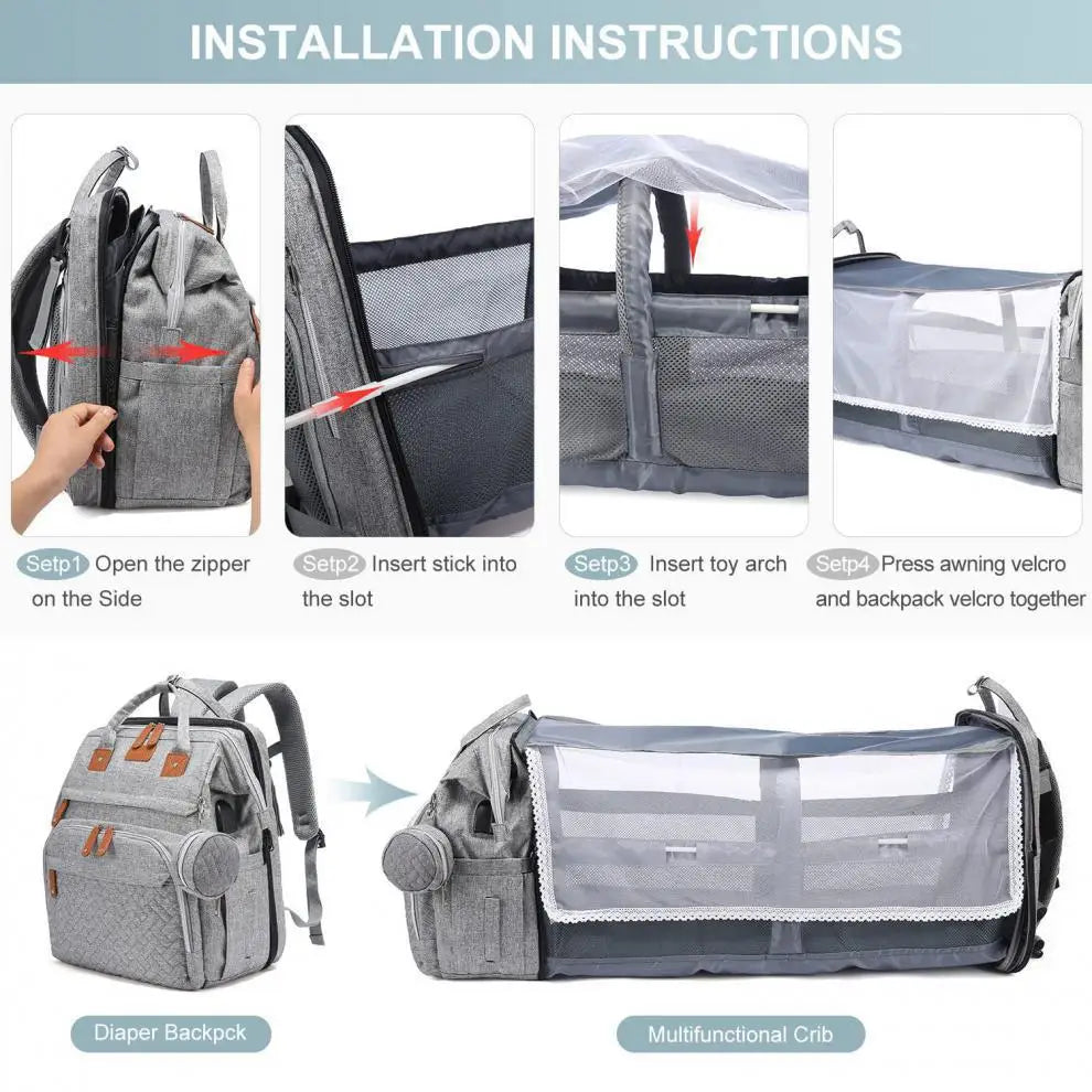 Multifunctional Diaper Backpack Changing Bag Large Capacity Folding Crib Nursing Mommy Bag for Travel