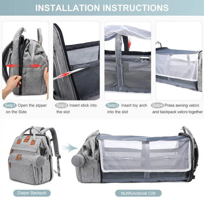 Multifunctional Diaper Backpack Changing Bag Large Capacity Folding Crib Nursing Mommy Bag for Travel