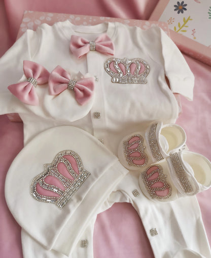 Light Pink Newborn Baby Personalized Name Outfits 4 Pieces Welcome Home Hospital Crown Jewelry Romper Set Layette