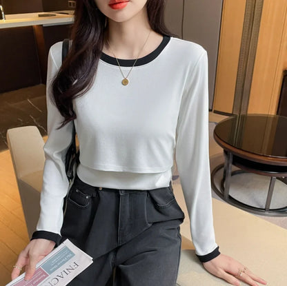 Autumn Postpartum Woman Breastfeeding Cotton T-shirt Lace Two-piece Nursing Tees Maternity