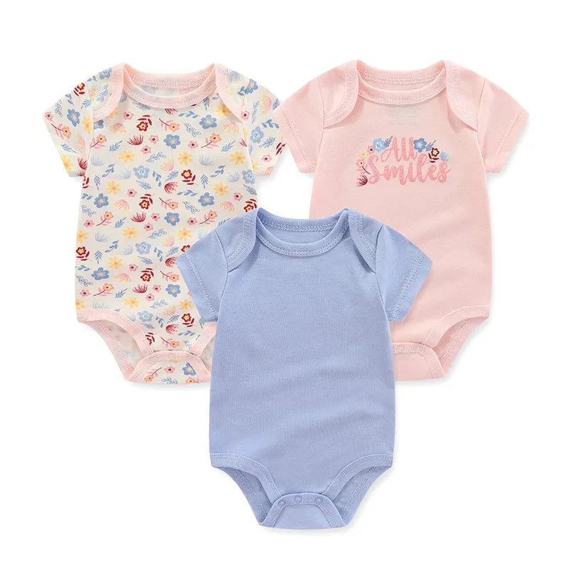 Cotton Newborn Baby Boy Clothes 3Pieces Summer 0-12M Cartoon Baby Girl Clothes Print Bodysuits Short Sleeve