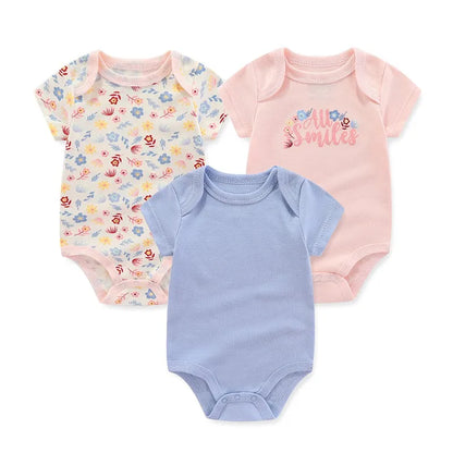 Cotton Newborn Baby Boy Clothes 3Pieces Summer 0-12M Cartoon Baby Girl Clothes Print Bodysuits Short Sleeve