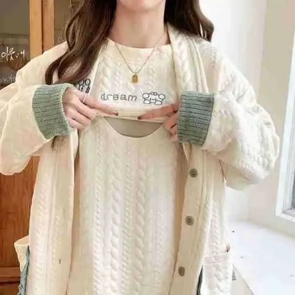 Maternity Clothing Set Cotton Postpartum Nursing Three-Piece Set Pregnancy Sleepwear Winter Maternity Outerwear