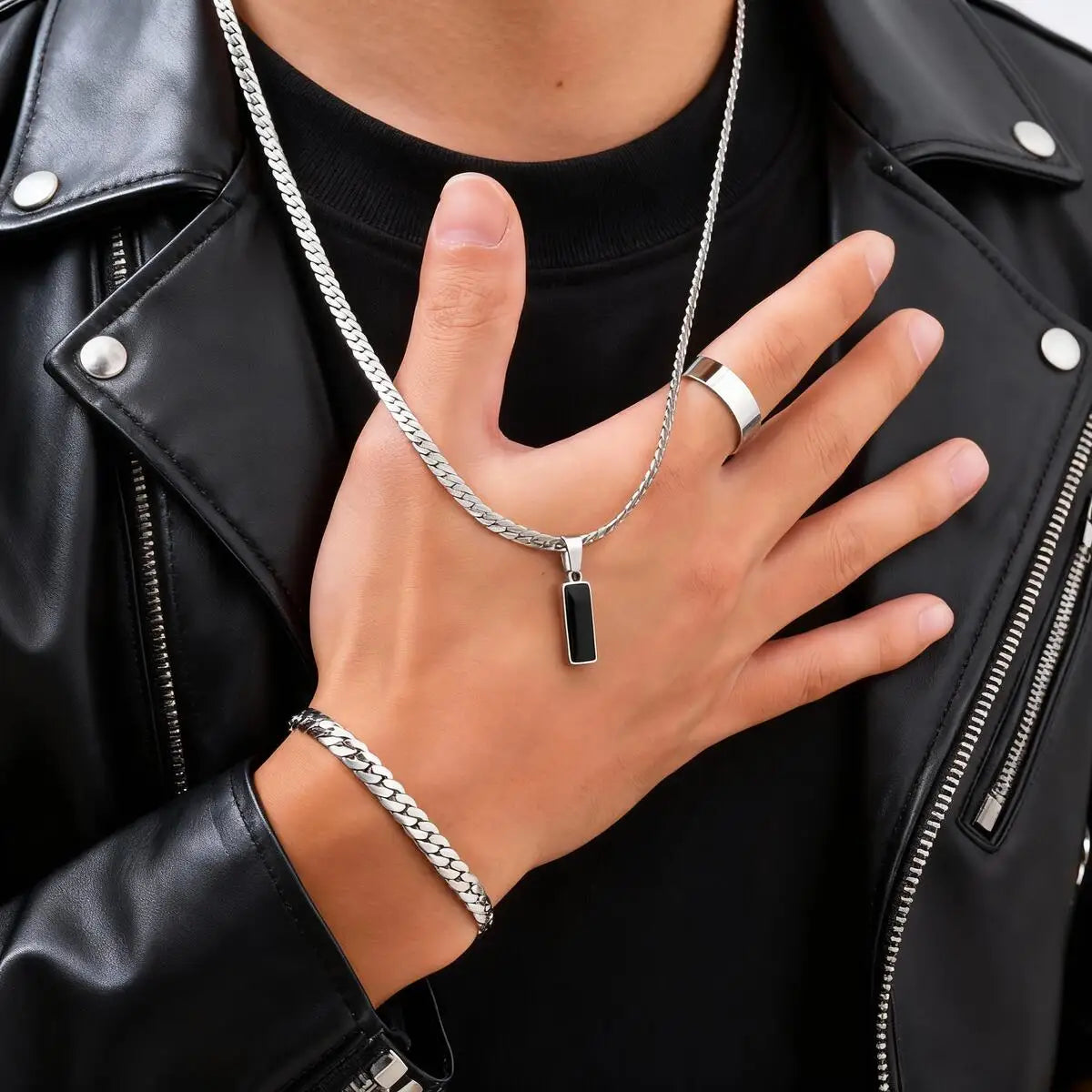 Stylish 3pcs Men's Flat Cuban Chain Jewelry Set,Stainless Steel Geometric Stone Pendent,Hip Hop Jewelry Gifts for Dad Son Him