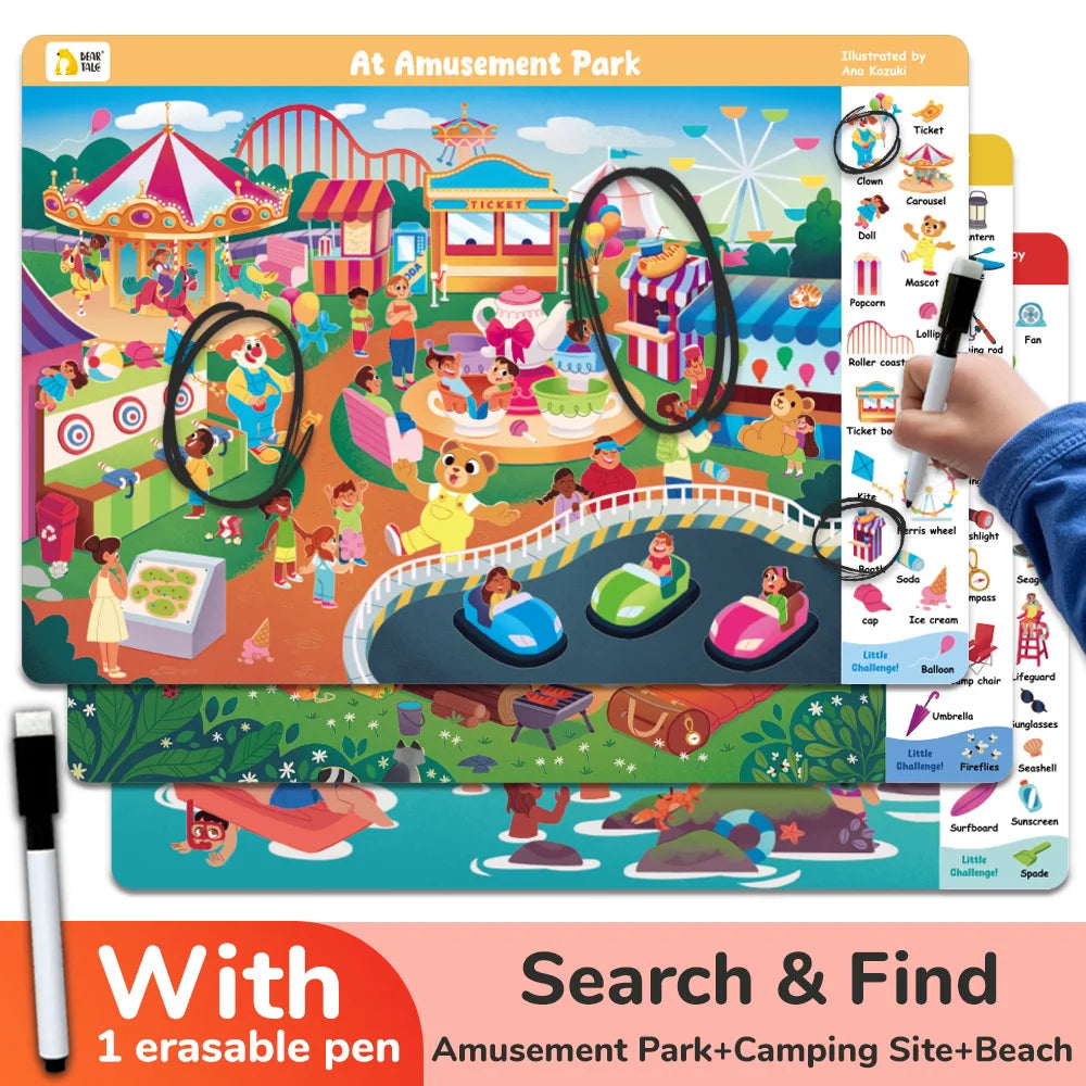 3 Themes Search and Find Game Looking for Different Interactive Activity Painting Kit Drawing Books with Reusable Pen