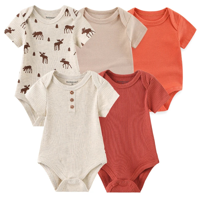 5-Piece Newborn Baby Bodysuit Set, Unisex Cotton Sleeveless Rompers with Cartoon and Solid Color Designs for Boys and Girls