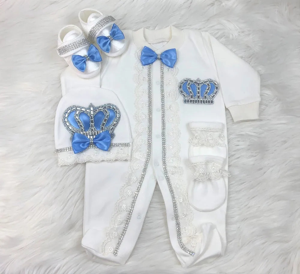 Dollbling Emerald Newborn Baby Boy Personalized Name Outfits 4pcs Welcome Home Hospital Crown Jewelry Romper Set