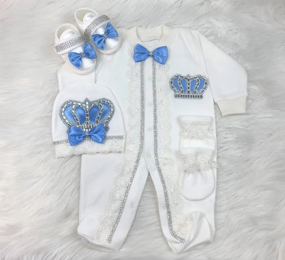Dollbling Emerald Newborn Baby Boy Personalized Name Outfits 4pcs Welcome Home Hospital Crown Jewelry Romper Set