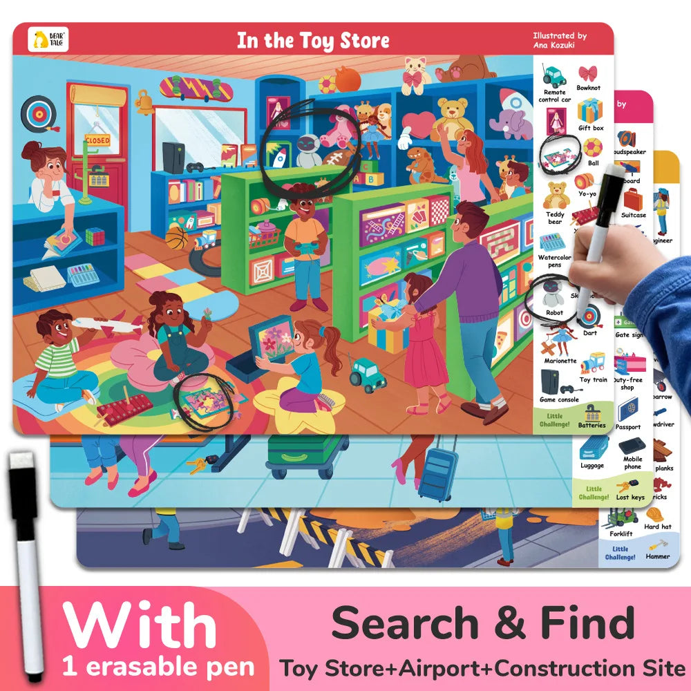 3 Themes Search and Find Game Looking for Different Interactive Activity Painting Kit Drawing Books with Reusable Pen