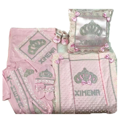5pcs Baby Girl Outfits Set Welcome Home Hosptial Infant Receiving Blanket Pillow Bed Hat Mittens Romper Set