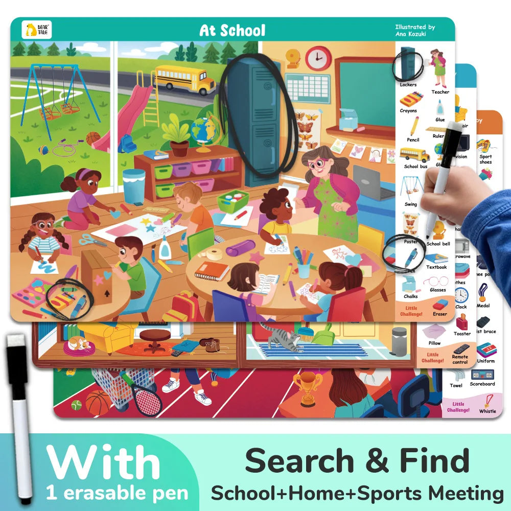 3 Themes Search and Find Game Looking for Different Interactive Activity Painting Kit Drawing Books with Reusable Pen