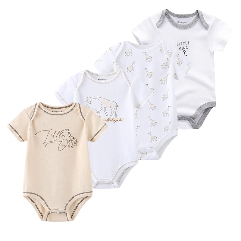 4-Piece Baby Romper Set, Soft Cotton Cartoon Print Short Sleeve Bodysuits for Newborn Boys and Girls (0–12M)