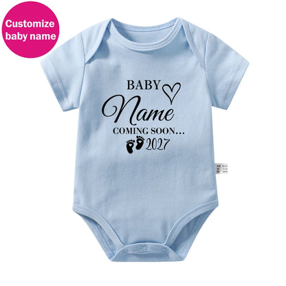New Custom Name Baby Coming Soon 2027 Newborn Baby Rompers Pregnancy Announcement Baby Bodysuits Cotton Infant Clothes Gifts