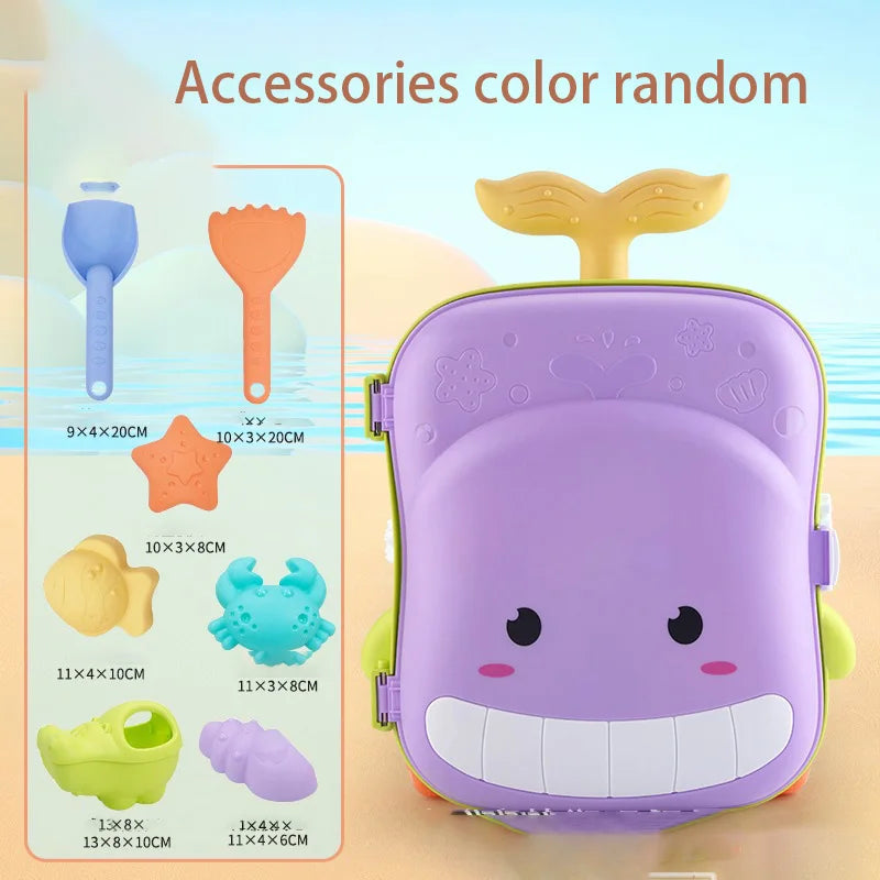 Kids Pull-Along Suitcase Beach Toys - Complete Astronaut Spaceship Sand Set with Bucket, Rake, Molds, Outdoor Beach Games