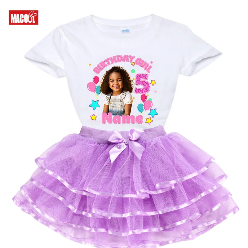 Custom Photo Birthday Girl Shirt And Tutu Set Girls' Party Dress Outfit with Name Personalization Child's Special Day Clothing