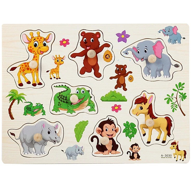 30cm Baby Toys Wooden Puzzle Hand Grab Board Educational Wood Puzzles for Kids Cartoon Animal Vehicle Child Gift