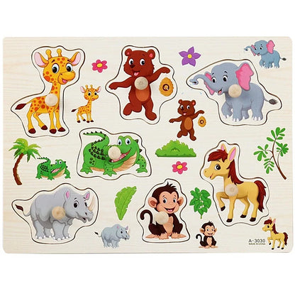 30cm Baby Toys Wooden Puzzle Hand Grab Board Educational Wood Puzzles for Kids Cartoon Animal Vehicle Child Gift