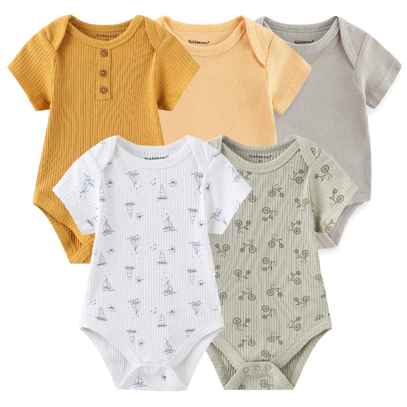 5-Piece Newborn Baby Bodysuit Set, Unisex Cotton Sleeveless Rompers with Cartoon and Solid Color Designs for Boys and Girls