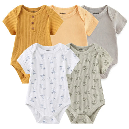5-Piece Newborn Baby Bodysuit Set, Unisex Cotton Sleeveless Rompers with Cartoon and Solid Color Designs for Boys and Girls