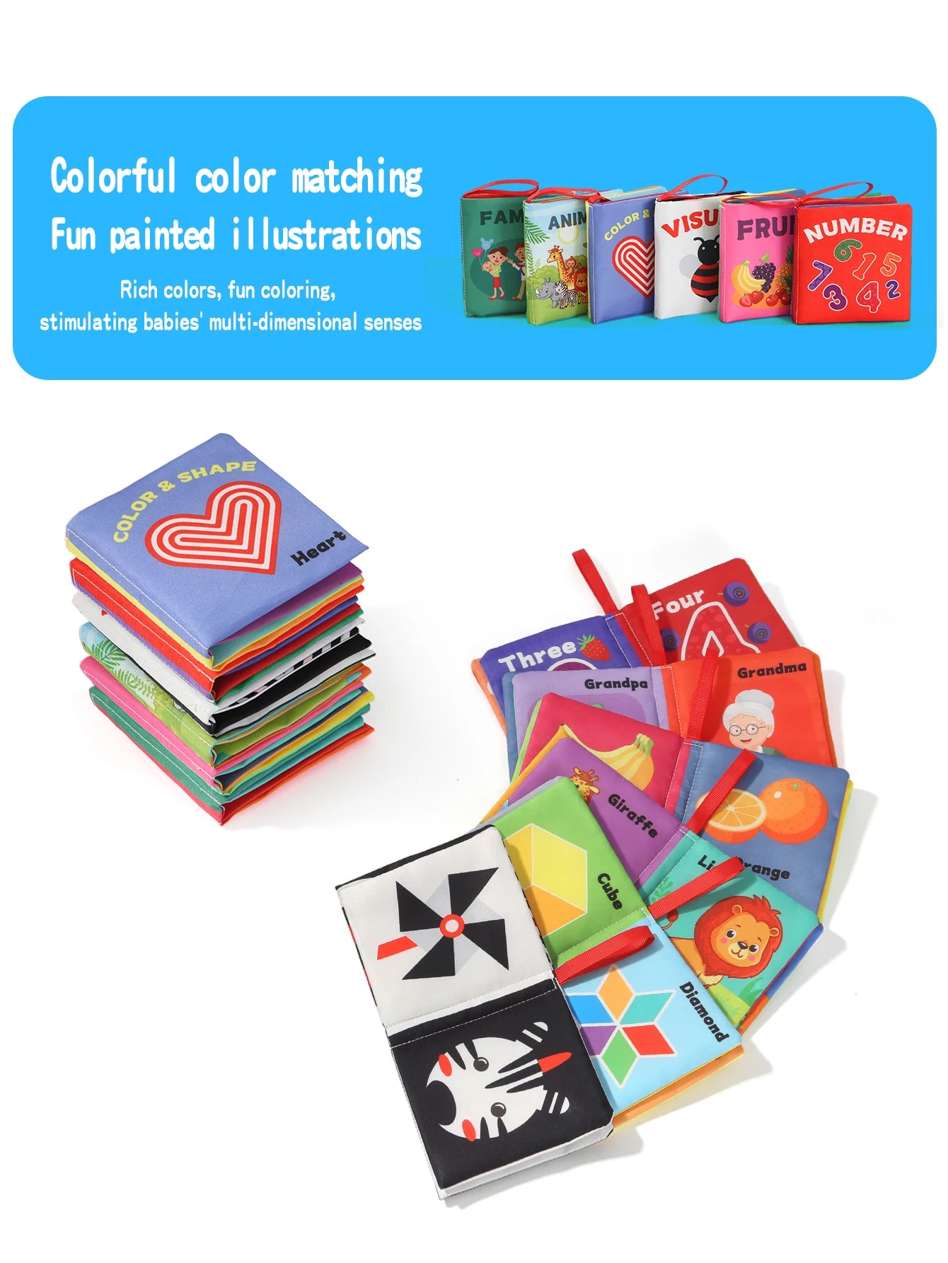 6Pcs Baby Cloth Books Set Non-Tearable Sensory Books for Early Learning Fruit Animal Number Cognition Toy 0-12 Months