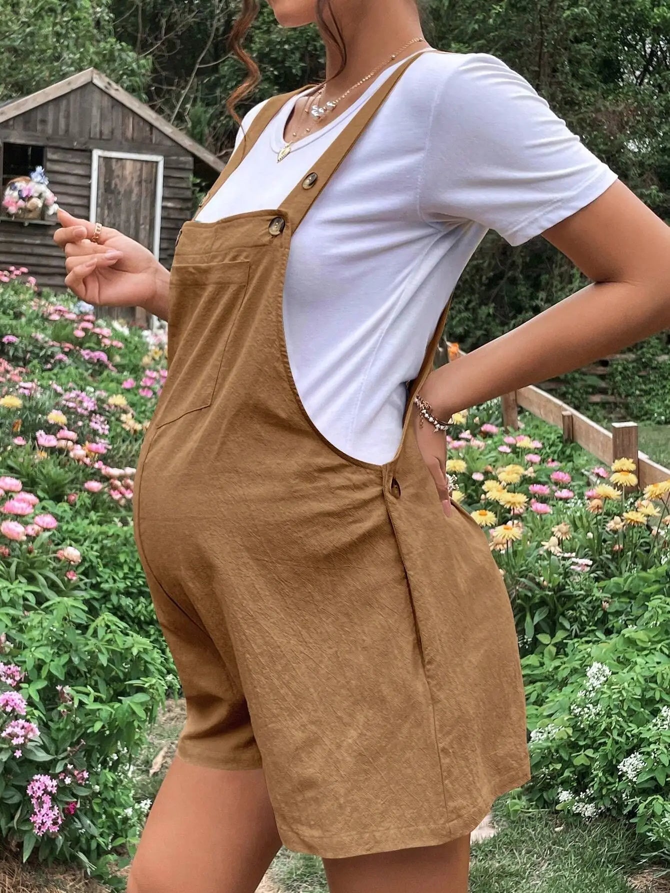 Summer New Pregnant Women's Solid Color Suspender Jumpsuit with Adjustable Waist Comfortable Casual Women's Shorts