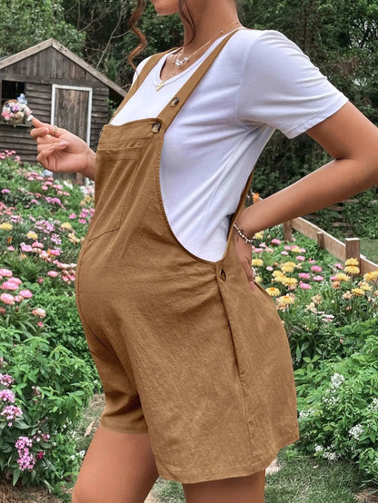 Summer New Pregnant Women's Solid Color Suspender Jumpsuit with Adjustable Waist Comfortable Casual Women's Shorts