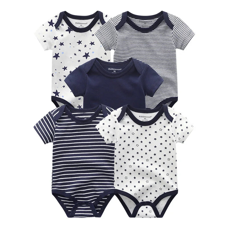 5-Piece Newborn Baby Bodysuit Set, Unisex Cotton Sleeveless Rompers with Cartoon and Solid Color Designs for Boys and Girls
