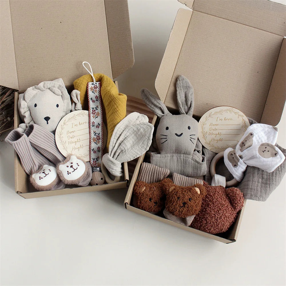 Customize The Name Newborn Gift Baby Cartoon Comfort Towel Baby Socks Mouthwash Towel Wash Box Newborn Bite Ring Headband Set