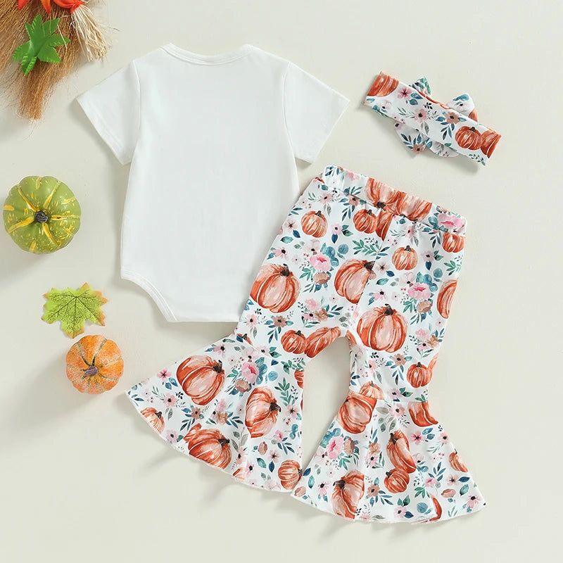 Summer Halloween Infant Baby Girls Clothes Letter Print Short Sleeves Romper and Pumpkin Print Flare Pants Headband