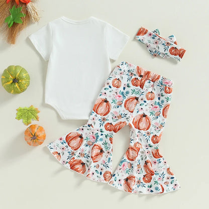 Summer Halloween Infant Baby Girls Clothes Letter Print Short Sleeves Romper and Pumpkin Print Flare Pants Headband