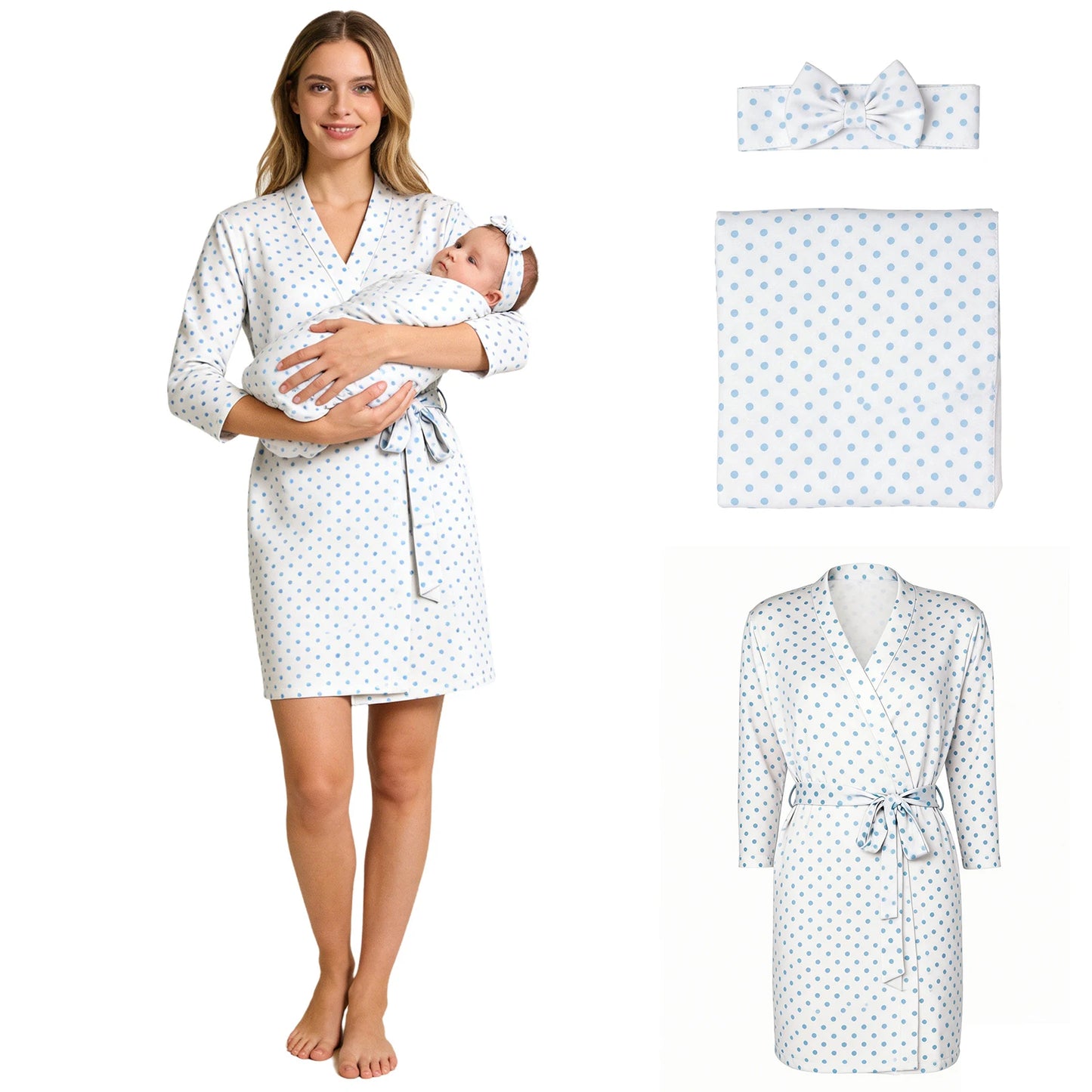 Maternity Robe Matching Baby Receiving Blanket Mommy Labor Delivery Night-robe with Swaddle Set Hospital Home Nursing Clothing