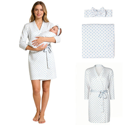 Maternity Robe Matching Baby Receiving Blanket Mommy Labor Delivery Night-robe with Swaddle Set Hospital Home Nursing Clothing