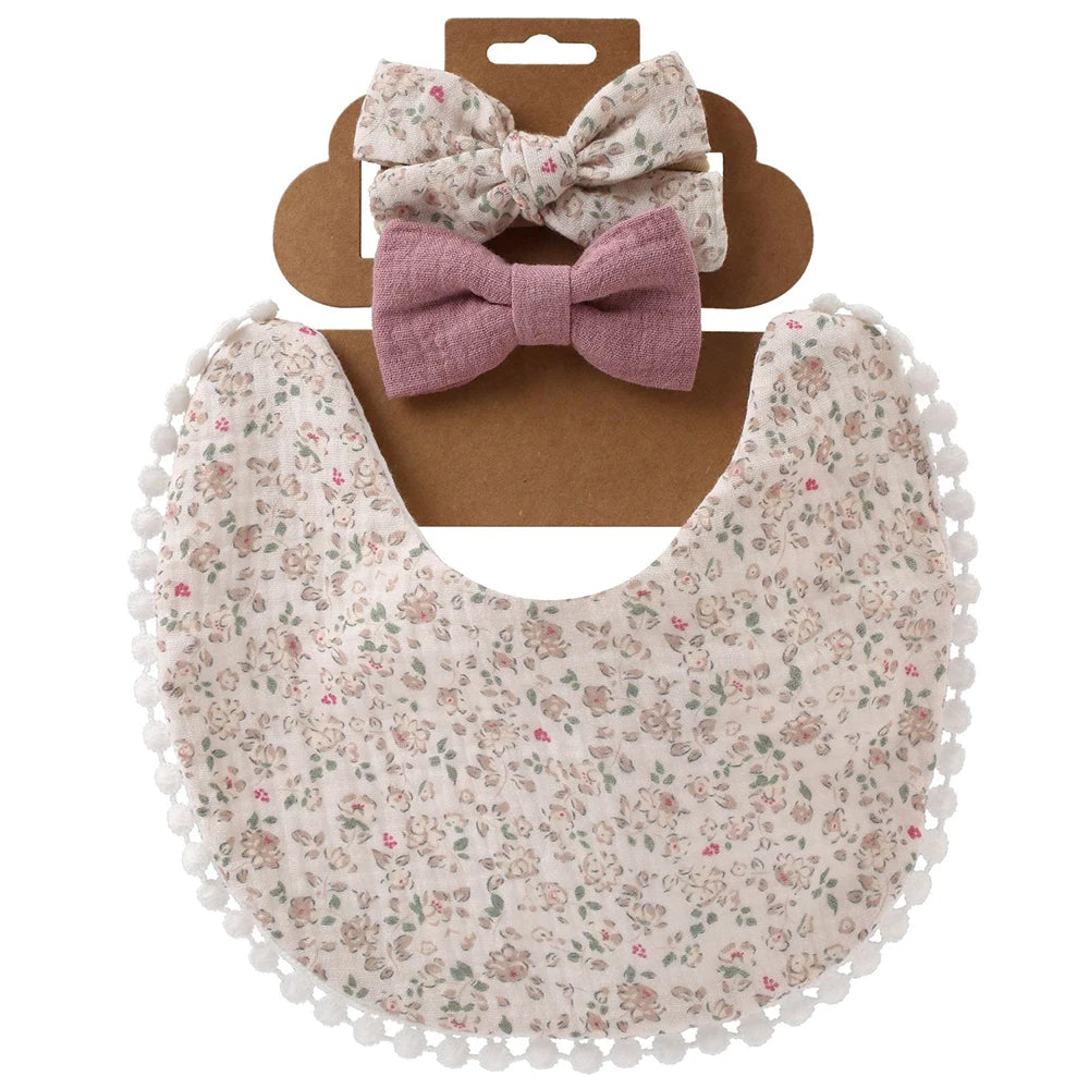 3Pcs/Set Cute Baby Girl Bibs Cotton Floral Infant Burp Cloth With Bow Headband Double Side Saliva Towel Newborn Accessories