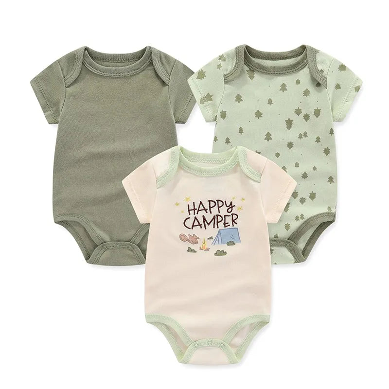 Cotton Newborn Baby Boy Clothes 3Pieces Summer 0-12M Cartoon Baby Girl Clothes Print Bodysuits Short Sleeve