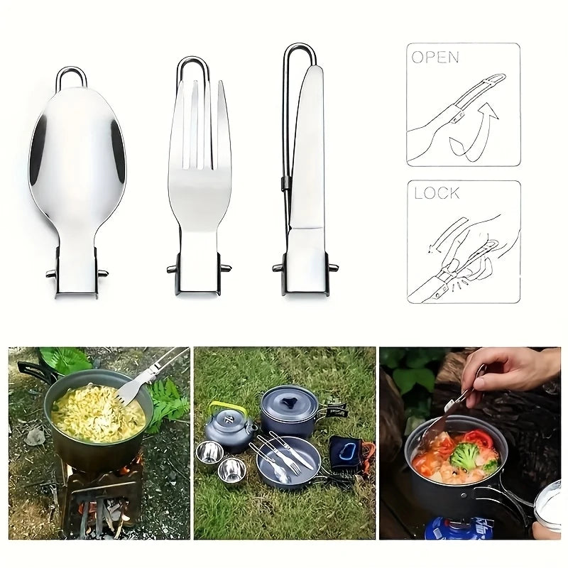 3Stainless Steel Folding Cutlery Set, Portable Outdoor Folding Cutlery3Set，Tableware Set Outdoor camping tableware