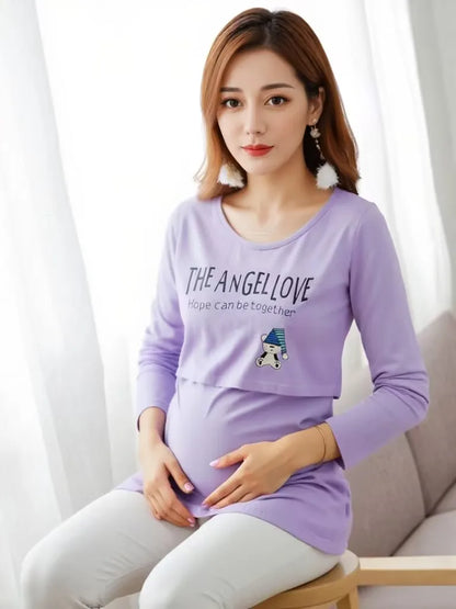Autumn Postpartum Woman Breastfeeding Cotton T-shirt Lace Two-piece Nursing Tees Maternity