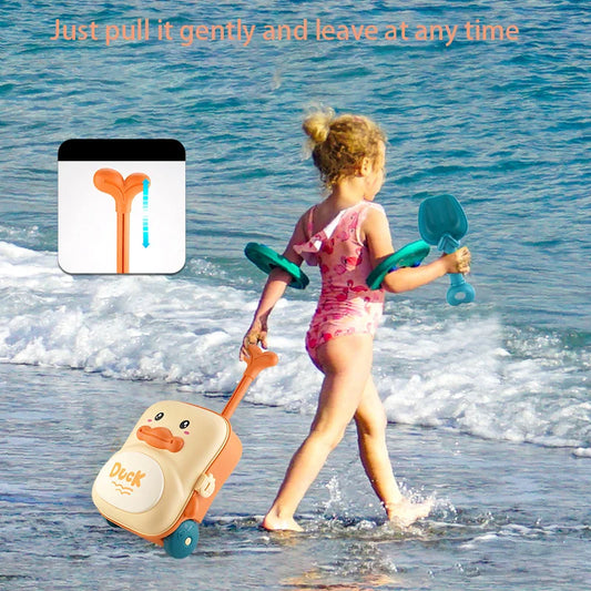 Kids Pull-Along Suitcase Beach Toys - Complete Astronaut Spaceship Sand Set with Bucket, Rake, Molds, Outdoor Beach Games