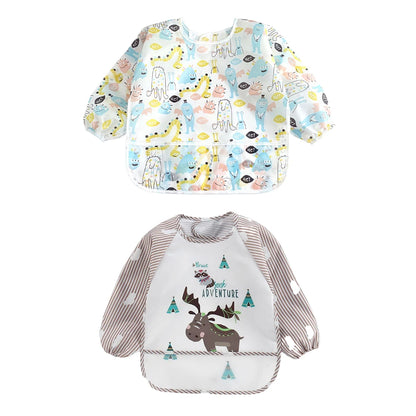 2pcs Waterproof Full Sleeve Baby Bibs Children Apron Long Sleeve Feeding Smock Kids Eating Breastplate Infant Scarf Clothing