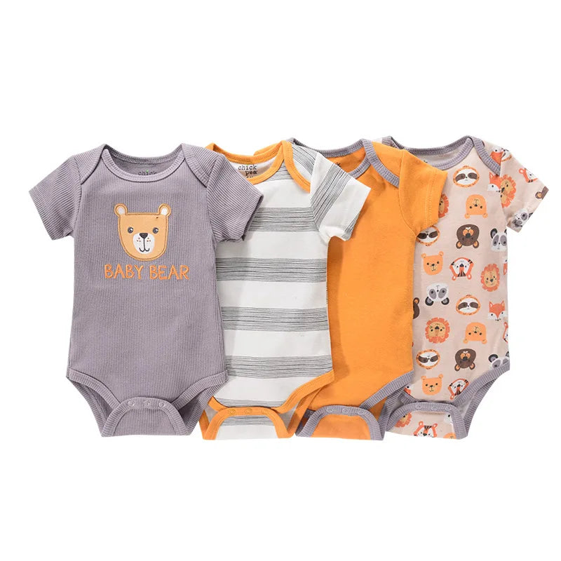 4-Piece Baby Romper Set, Soft Cotton Cartoon Print Short Sleeve Bodysuits for Newborn Boys and Girls (0–12M)