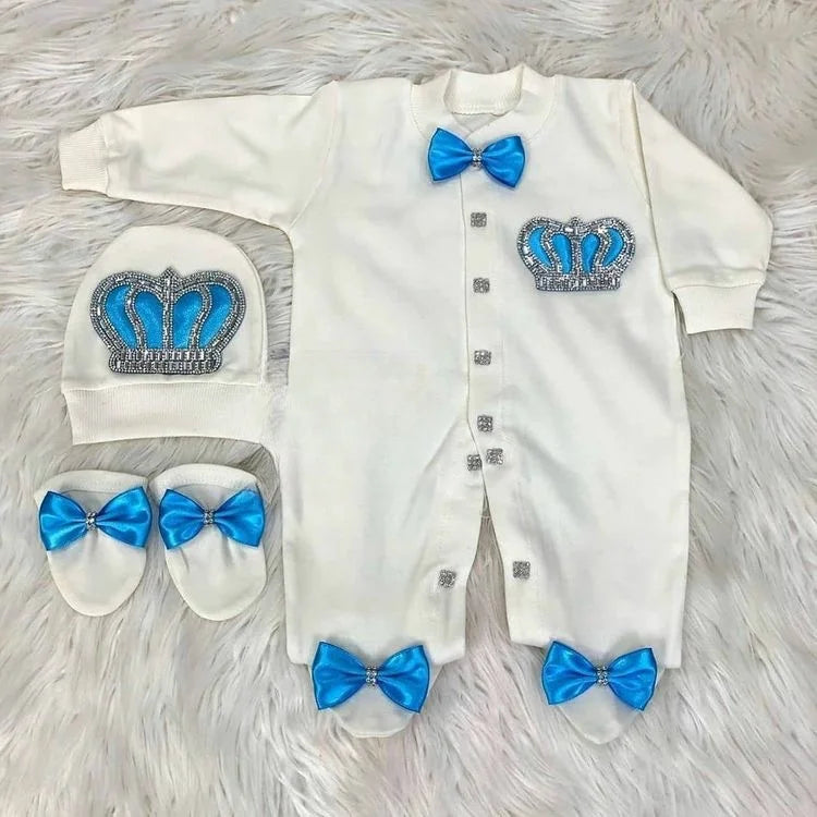 Baby Prince Welcome Home 3pcs Crown Layette Hospital Exit Newborn Outfits Swaddle Set Hello World I'm new Cotton