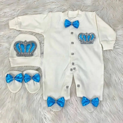 Baby Prince Welcome Home 3pcs Crown Layette Hospital Exit Newborn Outfits Swaddle Set Hello World I'm new Cotton