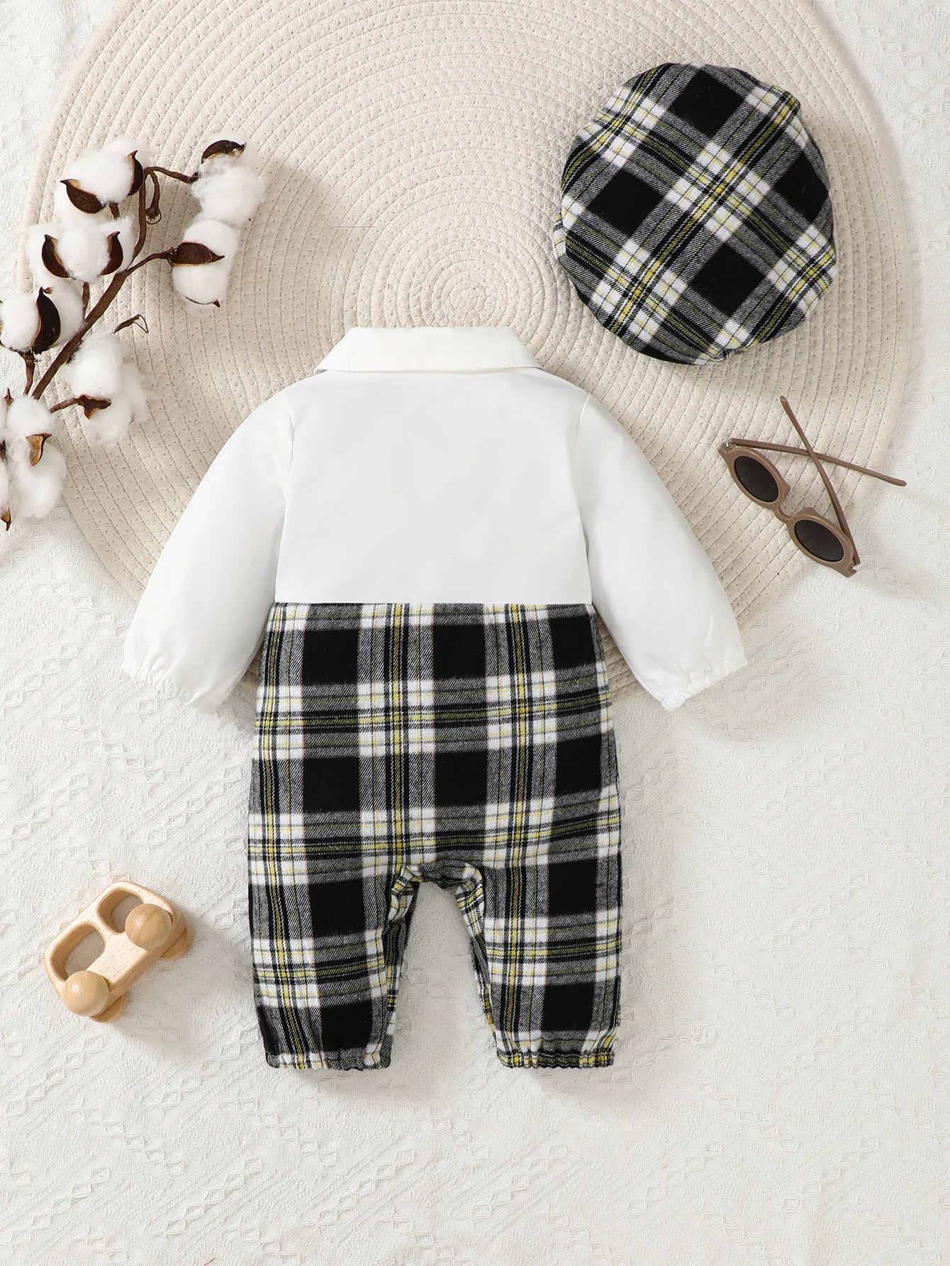 Newborn Literary Style Boy Baby Lapel False Strap Black Plaid Color Matching Jumpsuit Long Sleeve Button Cardigan Hat