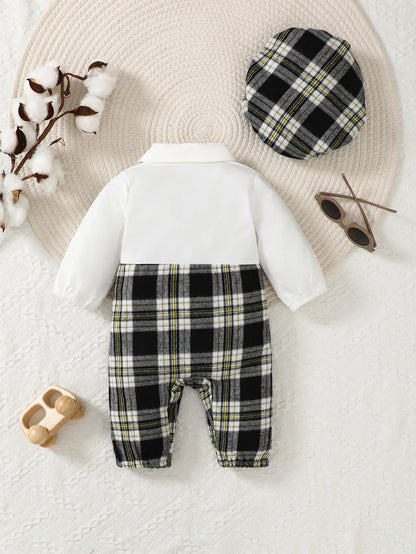 Newborn Literary Style Boy Baby Lapel False Strap Black Plaid Color Matching Jumpsuit Long Sleeve Button Cardigan Hat